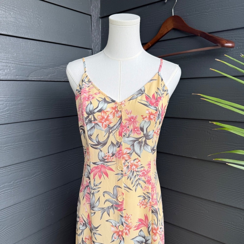 H&M‎ Yellow Tropical Floral Button Front Maxi Dress Front Slit Cami Size 6
